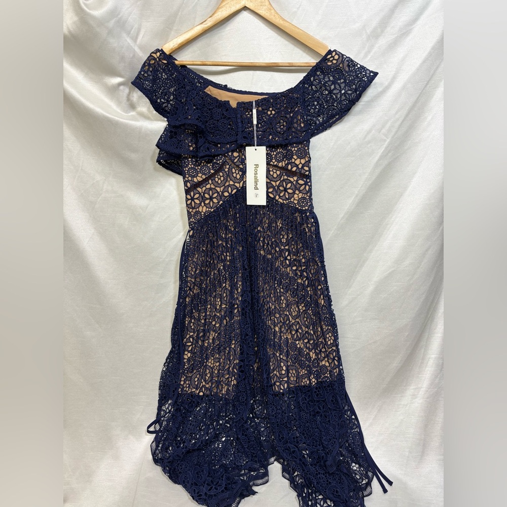 Rosalind Navy Lace Off-Shoulder Dress